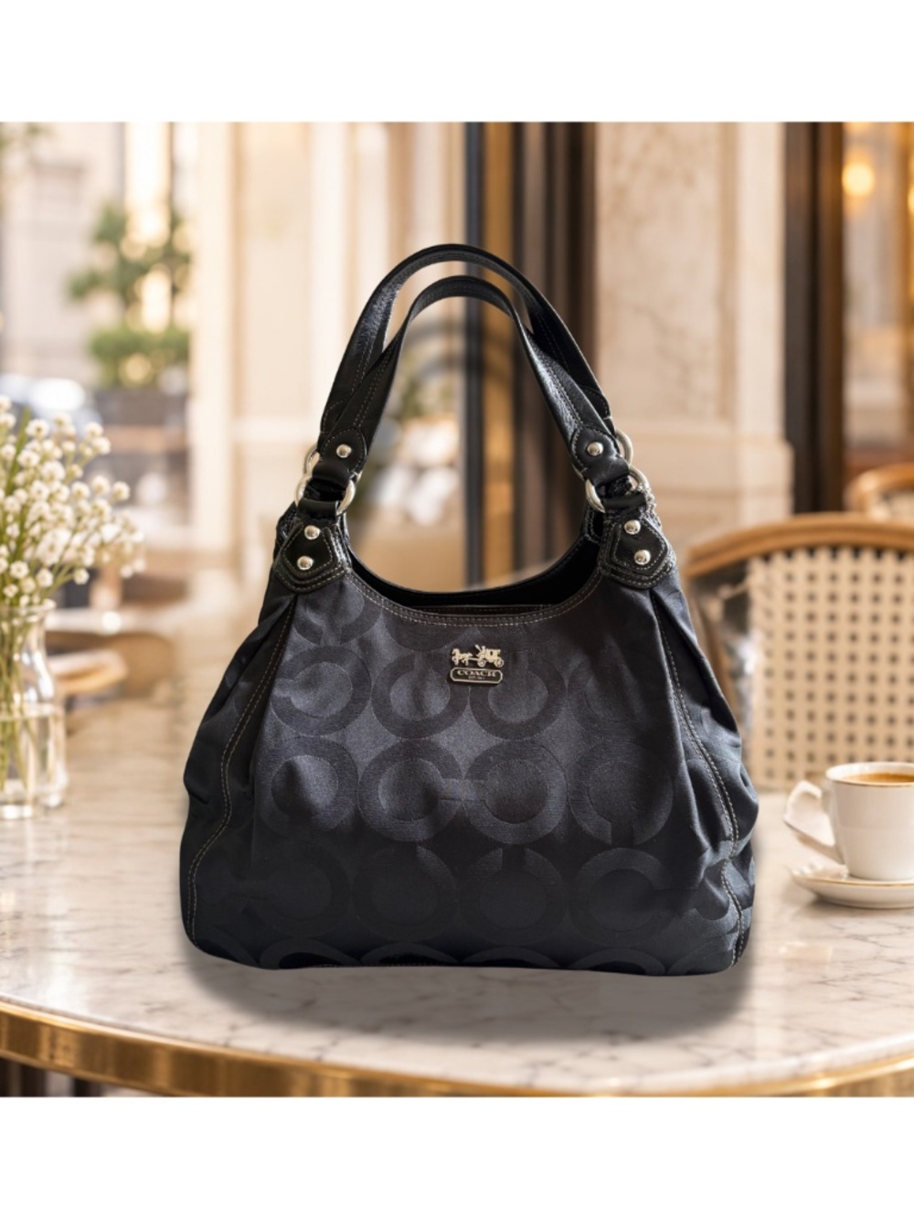 Coach Black & Charcoal Op Art Signature Hobo Shoulder Bag